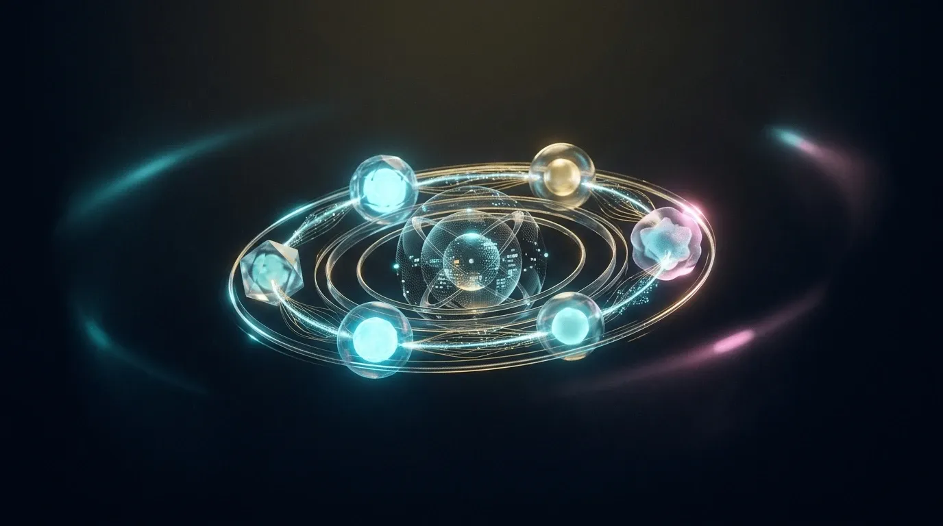 Abstract automation-network illustration with glowing nodes orbiting a core